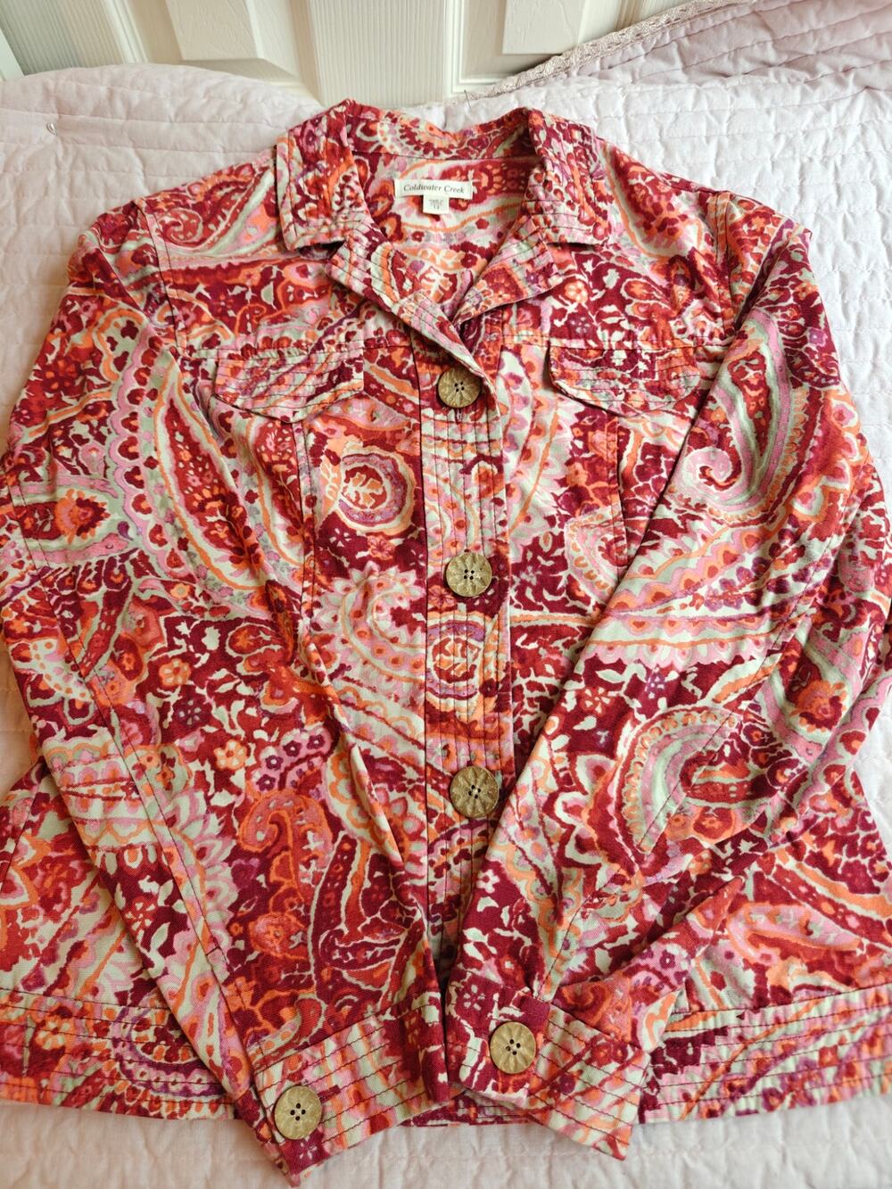 Vintage Coldwater Creek Red / orange Paisley Tapestry Jacket Size 12 100% Cotton